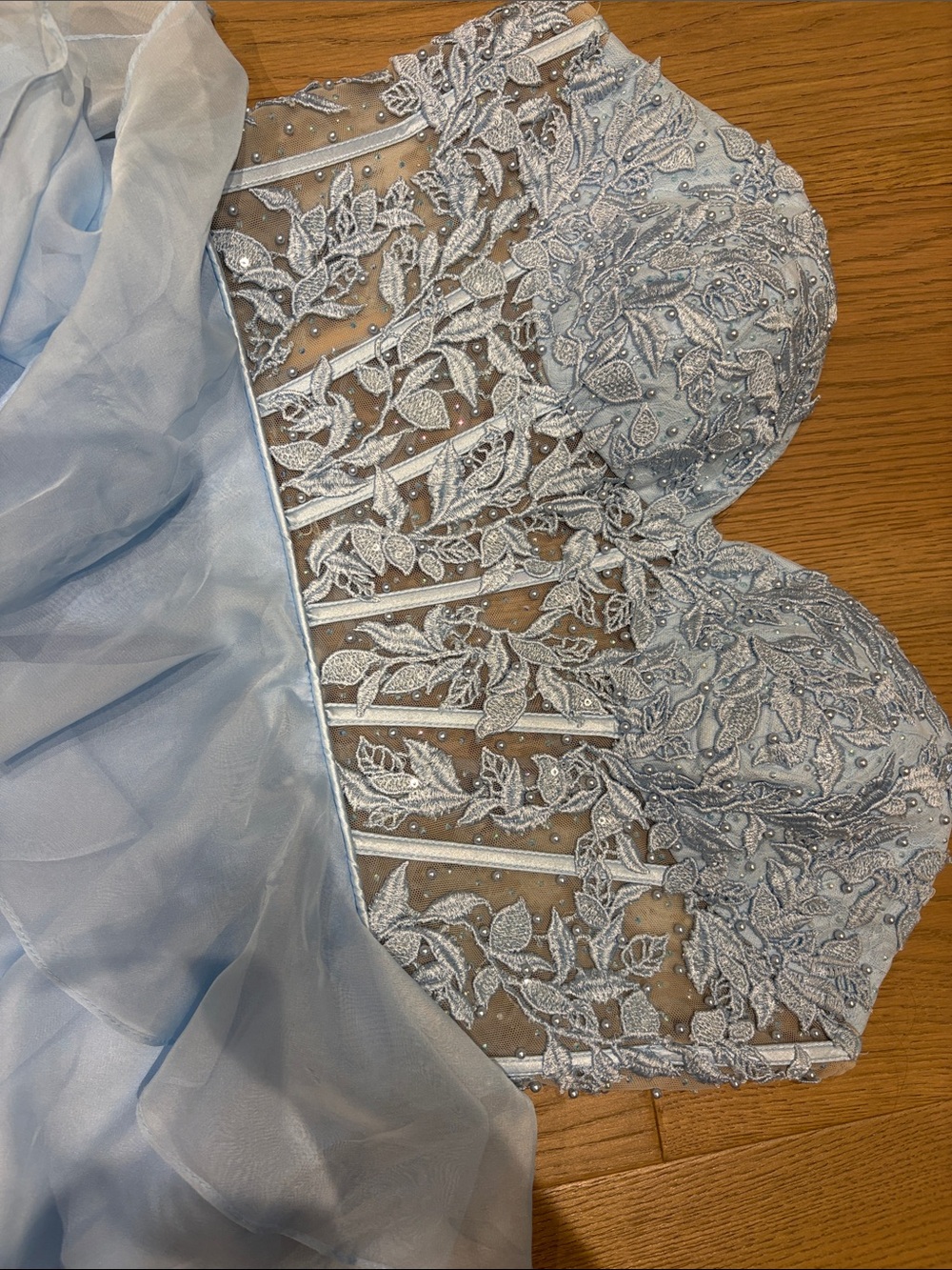 SHERRI HILL 56162 - Strapless Leaf Lace Gown in Light Blue Size 6 - Picture 5 of 5